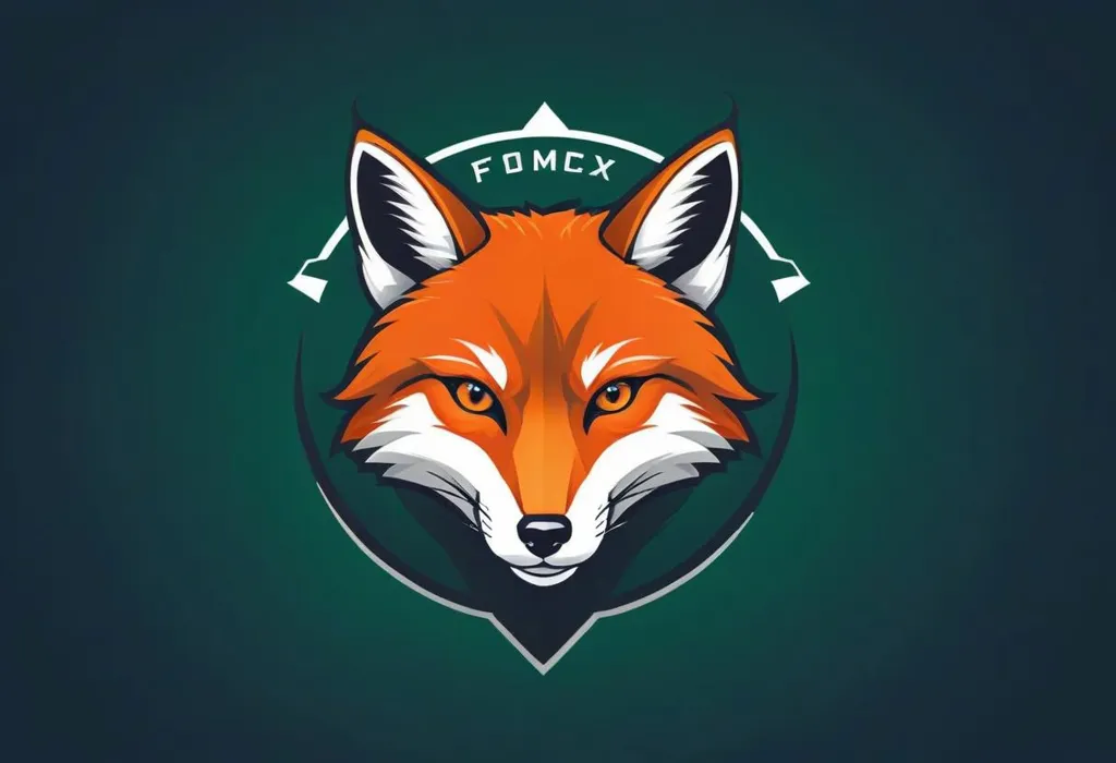 The image is a logo of a red fox. The fox is looking straight at the viewer with its mouth closed. The fox's ears are perked up and its fur is a light orange color. The background is a dark green color. The fox is inside a circle that has the letters "FOMC" written on it.