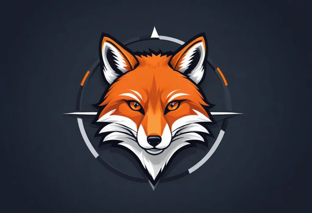 The image is a red fox's head. The fox is looking straight at the viewer with its mouth closed. The fox's ears are perked up and its fur is a light orange color. The background is dark grey with a white circle around the fox's head.