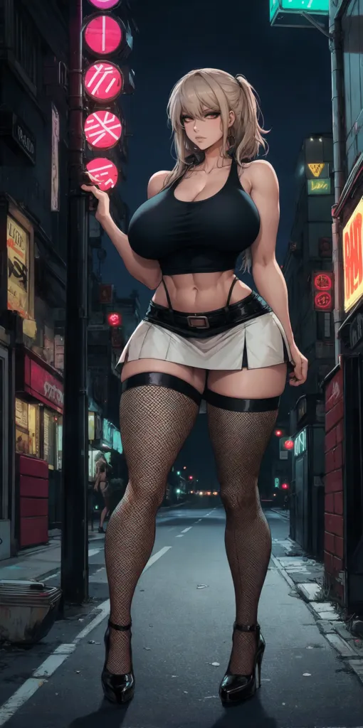 The picture shows a tall, voluptuous woman with blonde hair and blue eyes. She is wearing a black crop top, a gray pleated skirt, and black fishnet stockings. She is also wearing black high heels. The woman is standing in a dark alleyway, and she is looking at the viewer with a seductive expression.