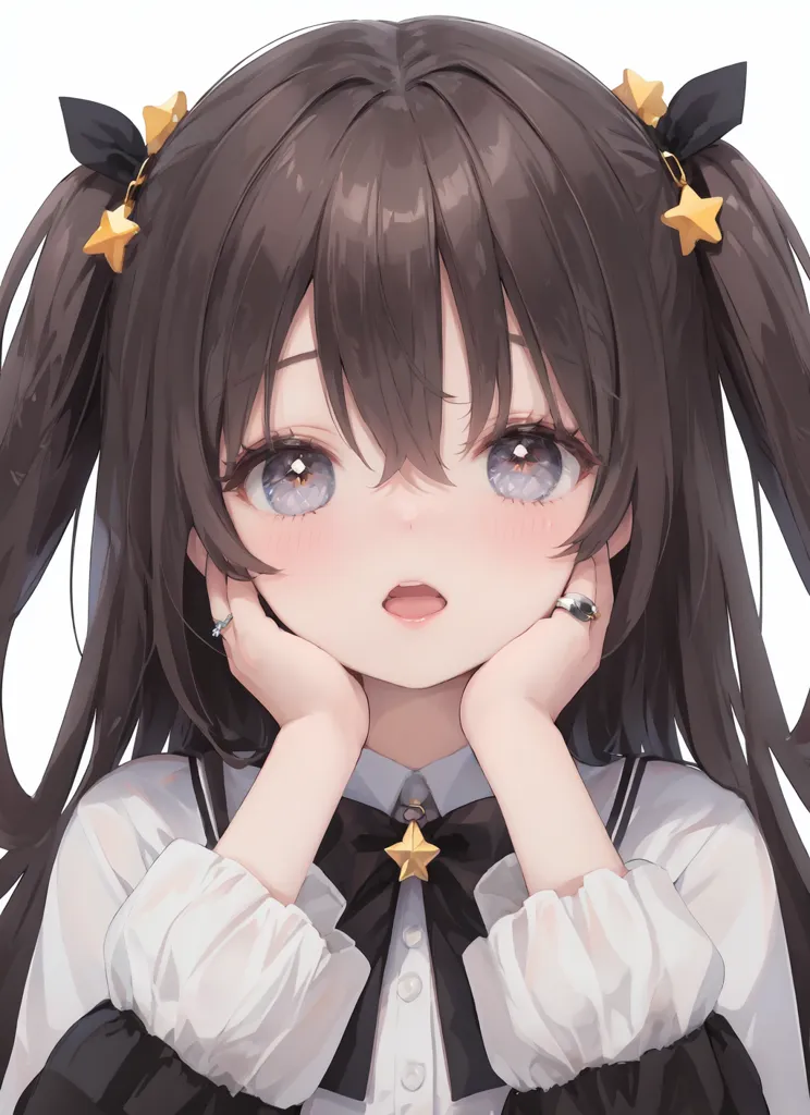 The image is of an anime girl with brown hair and brown eyes. She is wearing a white shirt with a black collar and black sleeves. She has a surprised expression on her face and is holding her hands to her cheeks. She has two yellow and brown star-shaped hair accessories.