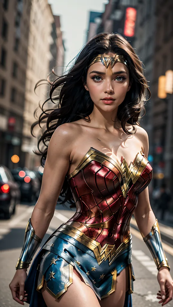 This is an image of Wonder Woman, a superhero from DC Comics. She is standing in a city street, wearing her iconic red, blue, and gold costume. Her hair is long and flowing, and she has a determined expression on her face. She looks ready to fight for justice.