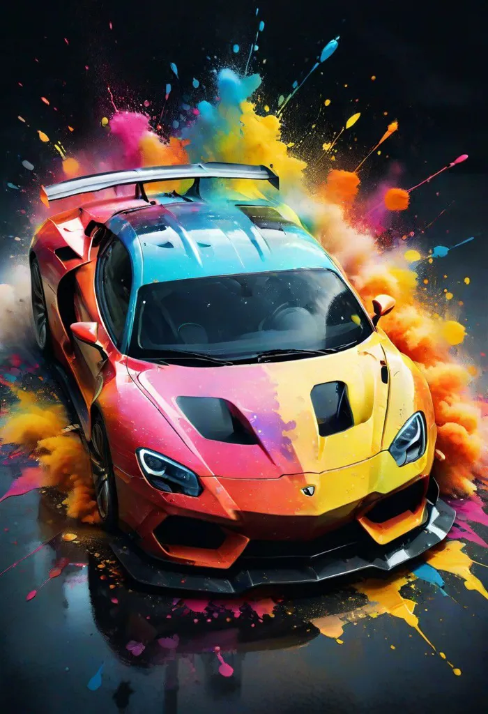 A red and yellow sports car is driving through a colorful explosion of paint. The car is in the center of the image and is surrounded by bright colors. The car is blurred, but you can still see the details of the car. The background is black, which makes the colors of the car and the paint stand out. The image is very dynamic and has a sense of motion. It is a very eye-catching image and would be great for a poster or a website.