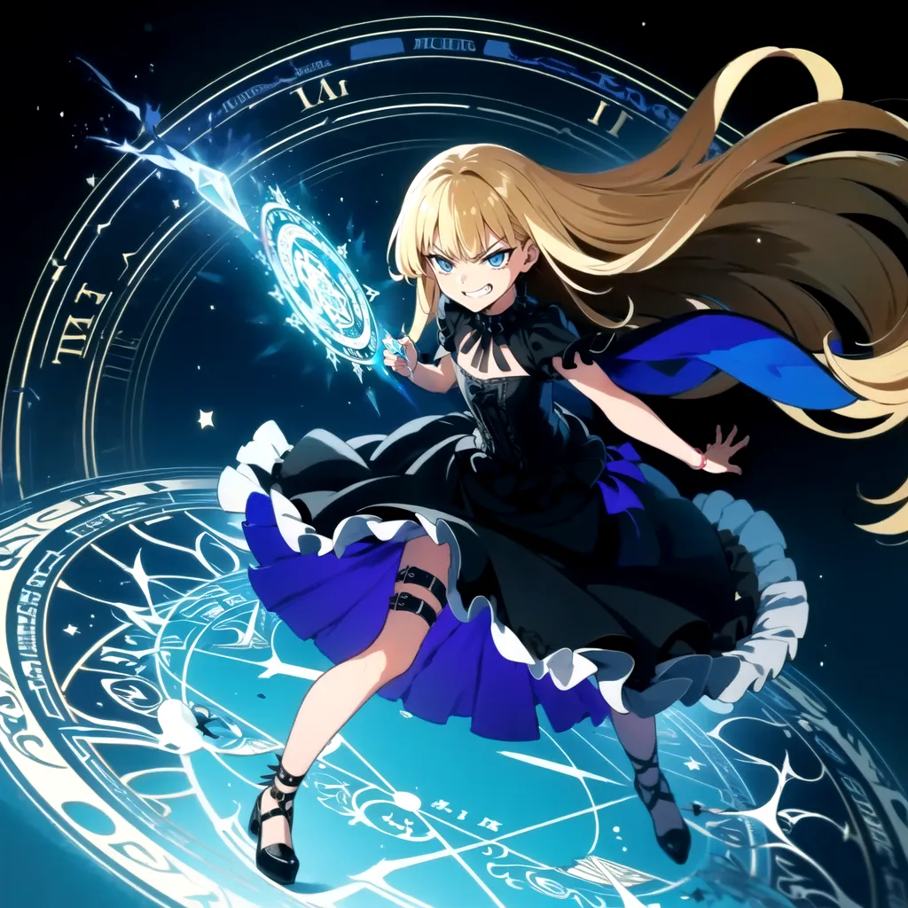 The image is of a young woman with long blonde hair and blue eyes. She is wearing a black dress with a blue corset and a blue skirt. She is also wearing black boots and a blue cape. She is standing in a magic circle and is holding a staff. The magic circle is surrounded by stars and symbols. The woman is looking at the viewer with a determined expression.