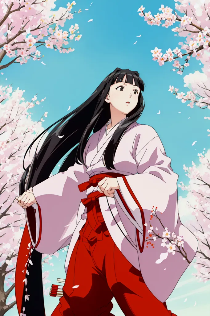 This image is of a young woman standing in a field of cherry blossoms. She is wearing a traditional Japanese kimono and has long black hair. The cherry blossoms are pink and white, and they are falling from the trees. The sky is blue and there are some clouds in the distance. The woman is looking to the right of the frame, which is an unusual angle for a portrait. Her expression is serious and focused. She is holding her hands in front of her, with her right hand slightly raised.