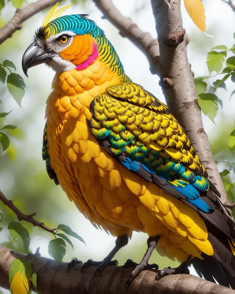 The image shows a parrot with bright yellow, green, blue, and orange feathers. The parrot is sitting on a branch of a tree, looking to the left of the frame. The background of the image is a blur of green leaves.