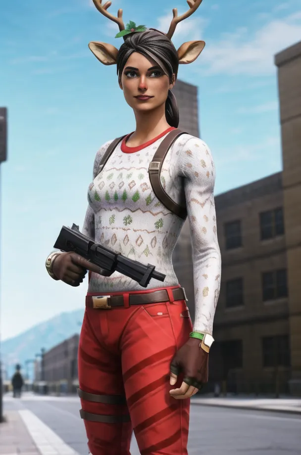 The image shows a female video game character wearing a white and red Christmas-themed outfit. She has brown hair and green eyes, and is wearing reindeer antlers on her head. She is also wearing a red and white striped belt, and has a gun in her hand. The character is standing in a snowy forest, and there are buildings in the background.