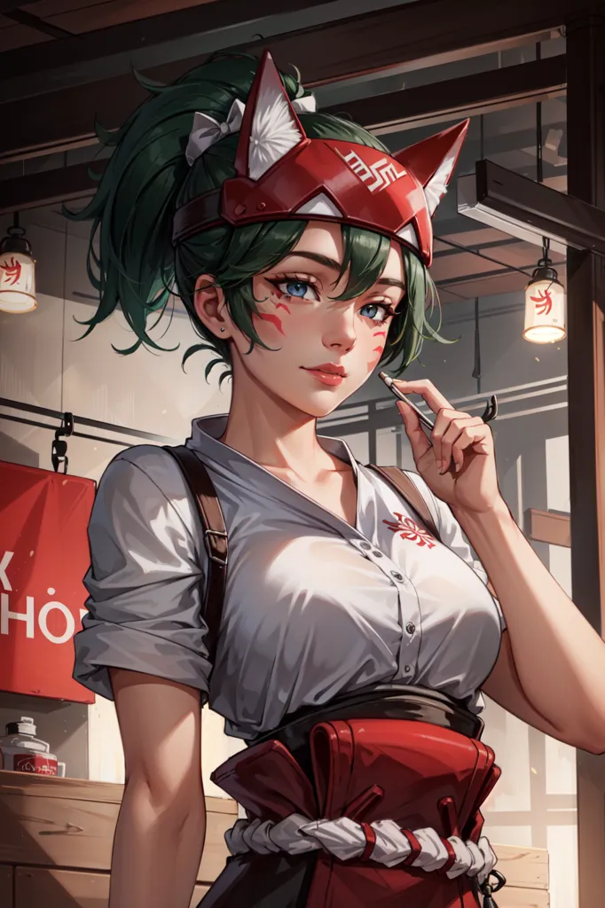 The image is of a young woman with green hair and blue eyes. She is wearing a white shirt, red apron, and a red and white hat with fox ears. She is holding a pen and there is a notebook on the counter next to her. There are two red lanterns in the background and a shelf with some supplies on it.