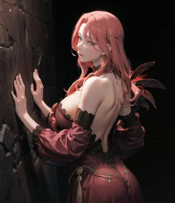 The image is of a woman with long pink hair and blue eyes. She is wearing a red dress with a low back and a high collar. The dress is trimmed with gold and has a feather-like design on the shoulders. The woman is standing in front of a stone wall. She has one hand on the wall and the other is holding the other arm close to her chest. She is looking away from the viewer.