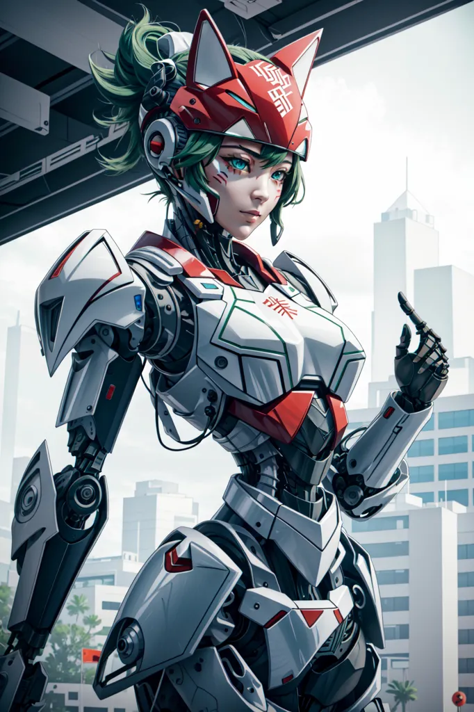 The image is a digital painting of a female character wearing a futuristic armor. The character has green hair and eyes, and she is wearing a white and red bodysuit with a cat-like helmet. The bodysuit has various technological gadgets and wires attached to it. The character is standing in a futuristic city, and there are buildings and skyscrapers in the background.