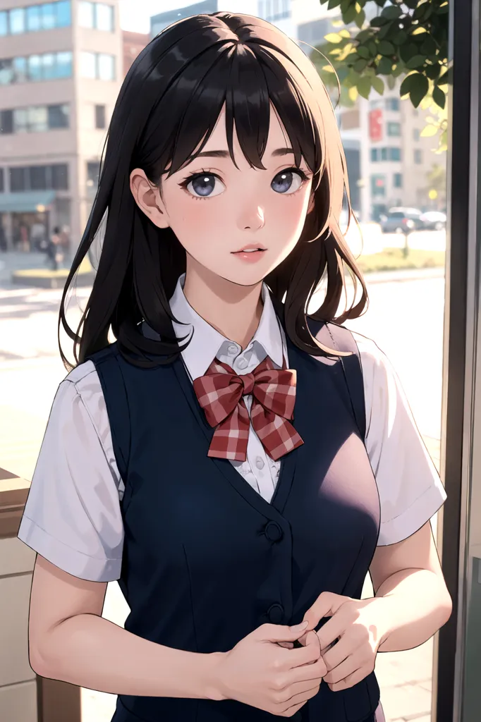 The image is a portrait of a young woman with long black hair and brown eyes. She is wearing a white shirt, a blue vest, and a red and white checkered bow tie. She is standing in front of a blurred background of a city street.