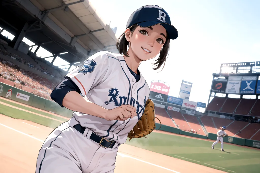 A young female baseball player is shown in the middle of a baseball stadium. She is wearing a white and blue baseball uniform and a blue cap. She is holding a baseball glove in her right hand. She has short brown hair and brown eyes. She is smiling and looking at the camera. In the background, there is a baseball field with green turf and a dirt infield. There are also some people in the stands watching the game.