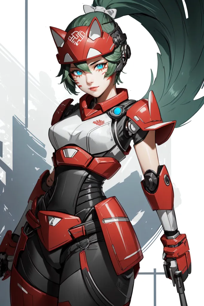 The image is a portrait of a young woman who appears to be a cyborg. She has green hair and blue eyes, and is wearing a red and white bodysuit with a fox-like mask. The bodysuit has a number of technological gadgets and attachments.