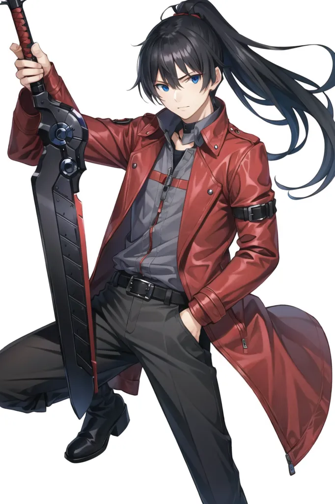 This is an illustration of a young man with long black hair tied in a ponytail. He is wearing a red leather jacket, a gray shirt, black pants, and black boots. He is also wearing a belt with a silver buckle. He is holding a large sword in his right hand. The sword has a black blade and a silver hilt. The man has a determined expression on his face. He is standing in a confident pose, with his feet shoulder-width apart and his left hand on his hip. The background is white.