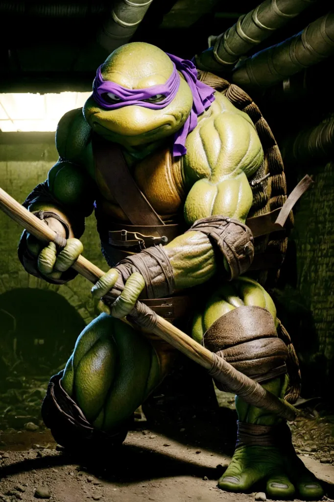 The image shows a muscular green turtle wearing a purple mask and brown belt. He is armed with a wooden staff and is crouched in a fighting stance. The background is a dark sewer with pipes and graffiti on the walls. The turtle is Donatello, one of the four Teenage Mutant Ninja Turtles.