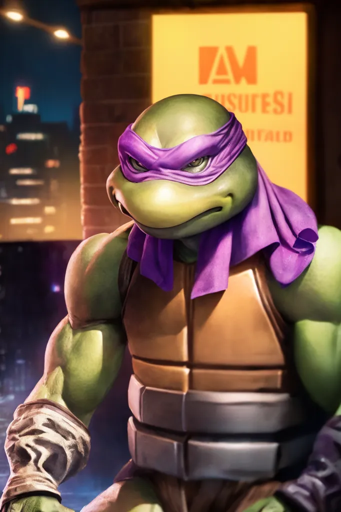 The image is a photo of a Donatello action figure from the Teenage Mutant Ninja Turtles. He is wearing his purple mask and brown shell. The background is a blurred cityscape at night.