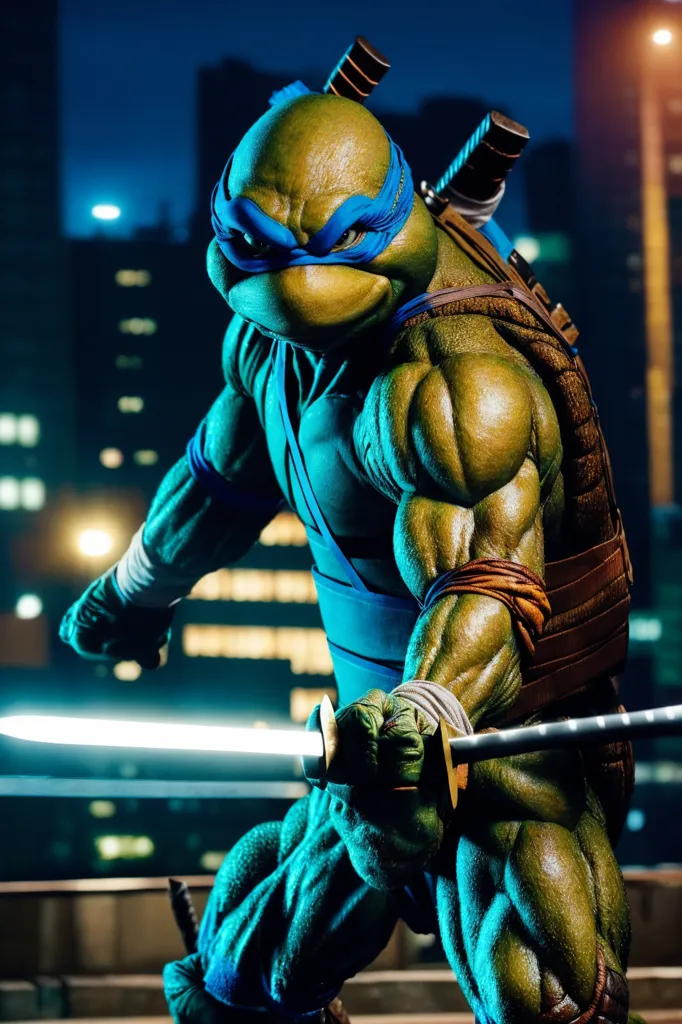 The image is a 3D rendering of the Teenage Mutant Ninja Turtle, Leonardo. He is depicted in a dynamic pose, with his katanas drawn and ready for action. The background is a blurred cityscape, with lights and buildings in the distance. Leonardo is wearing his signature blue mask and outfit, and his skin is a bright green. His muscles are well-defined, and his expression is one of determination and focus. The image is a realistic and detailed representation of the character, and it captures his strength and agility.