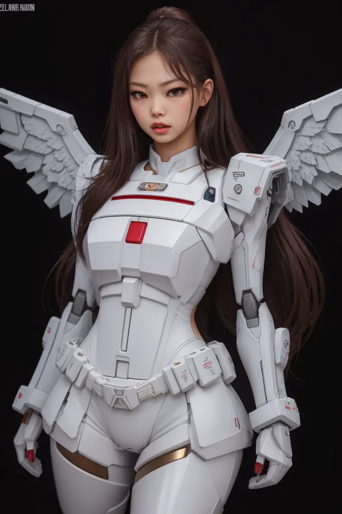 This is an image of a young woman, with long brown hair, wearing a white and gray armored suit with angel wings. She is looking at the viewer with a serious expression. The suit has red and gold accents.