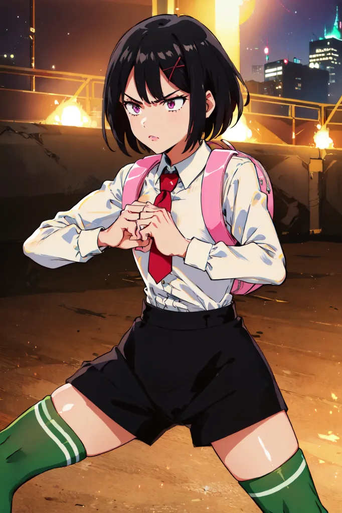 The image shows a young girl with short black hair and red eyes. She is wearing a white shirt, black shorts, a red tie, and a pink backpack. She is standing in a fighting stance with her fists clenched. The background is a city at night with bright lights and a large fire.