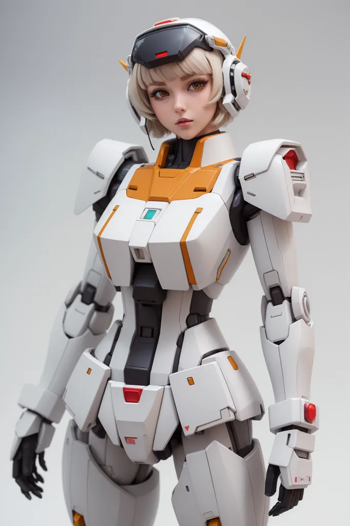 The image is a digital painting of a young woman in a white and orange mech suit. She has short blonde hair and orange eyes, and is wearing a white and orange helmet with a visor. The mech suit has a white and orange color scheme, with grey detailing. The woman is standing in a relaxed pose, with her arms at her sides. The background is a light grey color.