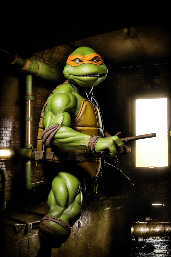 The image shows a muscular green turtle standing in a dark sewer. The turtle is wearing an orange mask and a brown belt. It has a large grin on its face and is holding two nunchakus. In the background, there is a brick wall with a green pipe running along it. There is also a door leading to a brighter area.