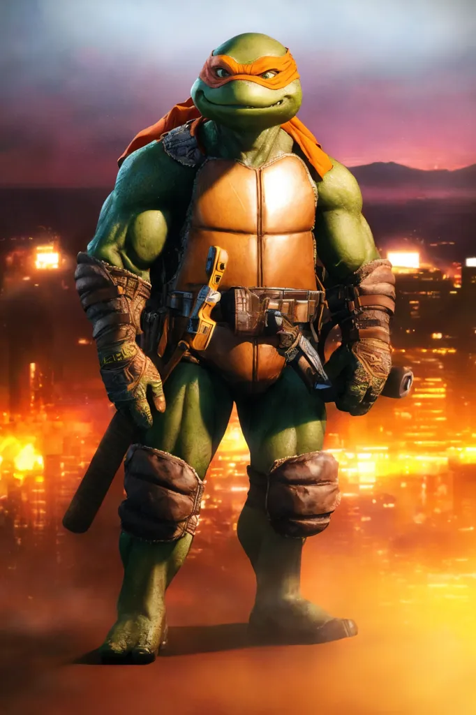 The image shows a muscular, green-skinned turtle standing in a fighting stance. He is wearing an orange mask, a brown shell, and brown knee and elbow pads. He has a sword sheathed on his left hip and a sai on his right hip. The background is a blurry cityscape at night with orange lights.