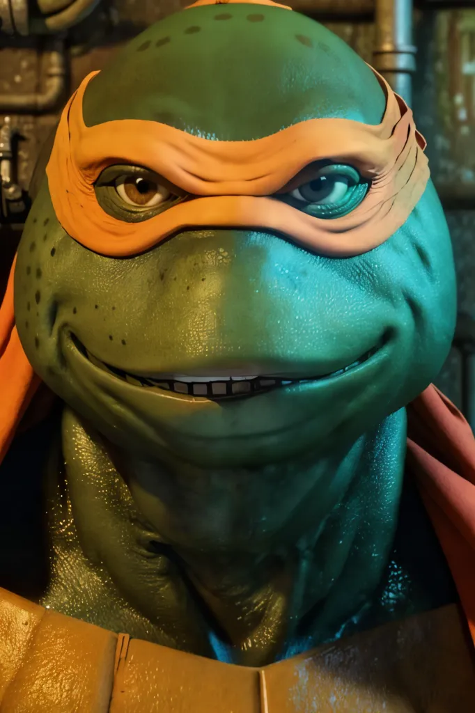 This is a photo of a Teenage Mutant Ninja Turtle. It is a close-up of its face. The turtle has green skin and a laranja mask. Its eyes are brown and its teeth are white. It has a happy expression on its face. The background is blurry and looks like a sewer.