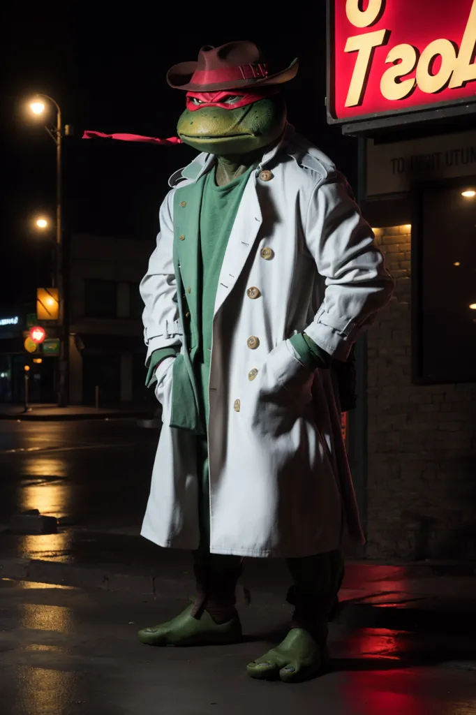 La imagen muestra una tortuga humanizada que lleva un sombrero de vaquero rojo, un abrigo blanco y una camisa verde. La tortuga está de pie en un callejón oscuro, con un letrero de neón rojo en el fondo. La tortuga tiene una expresión seria en su rostro y mira a la cámara.