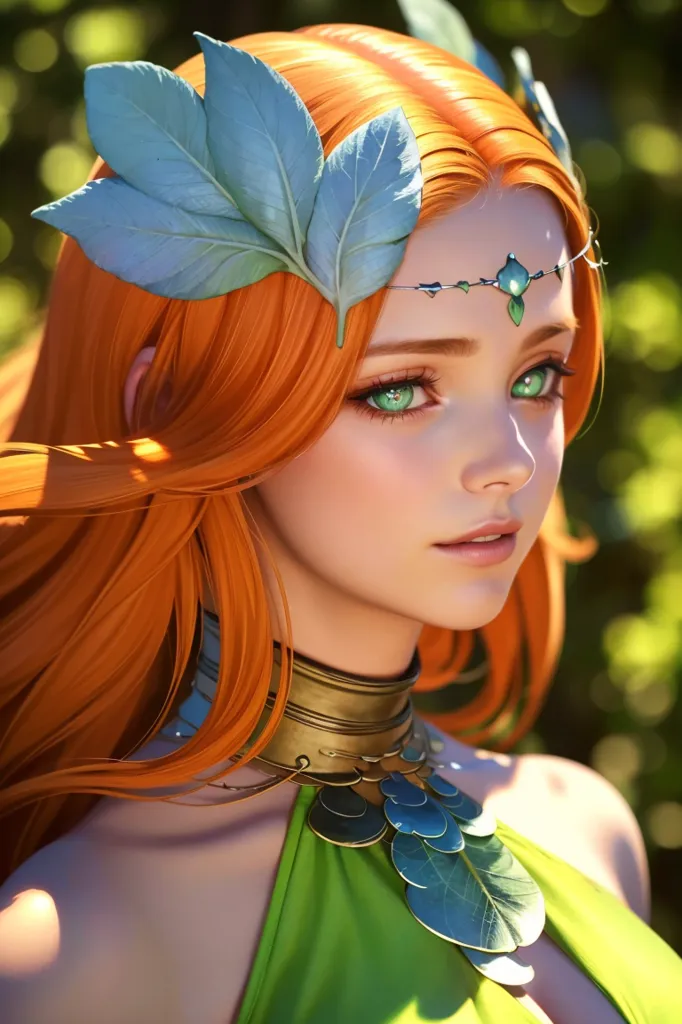 This image shows a beautiful woman with long, flowing red hair. She is wearing a green dress with a gold necklace and a headdress made of leaves and vines. Her eyes are a deep green color, and her skin is fair and flawless. She is standing in a forest, and the sun is shining through the trees, creating a dappled pattern on her skin.