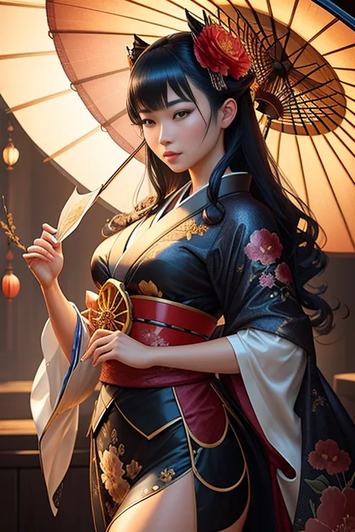 A imagem mostra uma bela mulher asiática vestindo um quimono tradicional japonês. O quimono é preto com desenhos florais vermelhos e brancos. A mulher tem cabelos longos e pretos e flores vermelhas e rosas em seu cabelo. Ela está segurando um leque com a mão direita e tem um guarda-chuva vermelho e dourado na mão esquerda. A mulher está em pé em frente a uma casa tradicional japonesa.