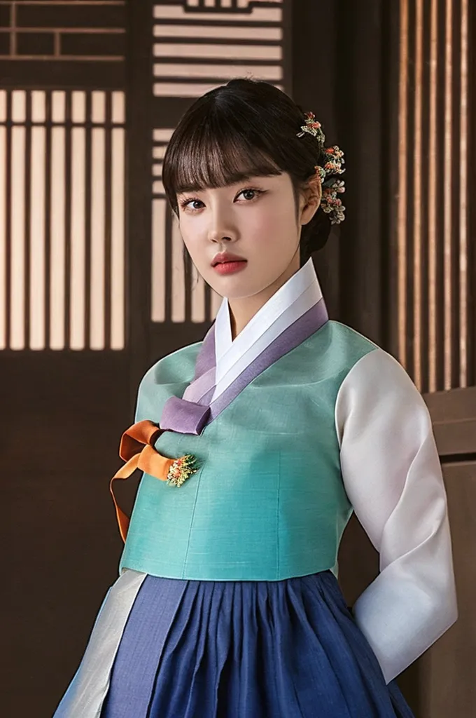 The image shows a young woman wearing a traditional Korean hanbok. The hanbok is a beautiful and elegant garment that is often worn on special occasions. The woman's hanbok is made of a light blue fabric and has a white collar. The hanbok also has a long, flowing skirt. The woman's hair is pulled back in a bun and she is wearing traditional Korean makeup. The woman is standing in a traditional Korean house. The house is made of wood and has a tiled roof. The woman is looking at the camera with a serene expression on her face.