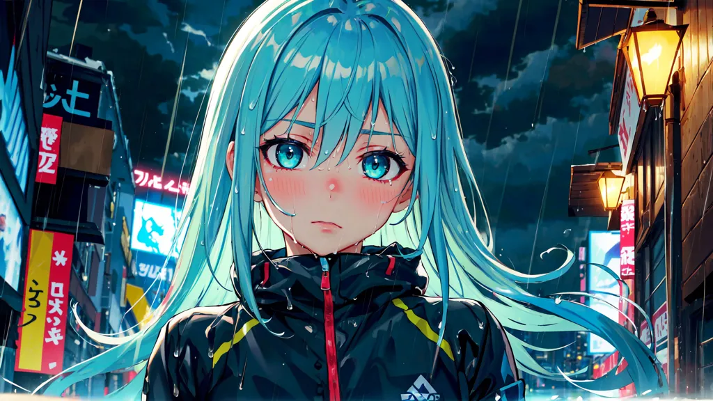 The image is a portrait of a young woman with blue hair. She is wearing a black and yellow jacket and has a sad expression on her face. It is raining in the background.