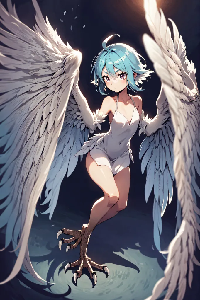 The image is of a young woman with long blue hair and white wings. She is wearing a white dress and has bird-like legs with talons. She is standing in a dark room with a spotlight shining down on her.