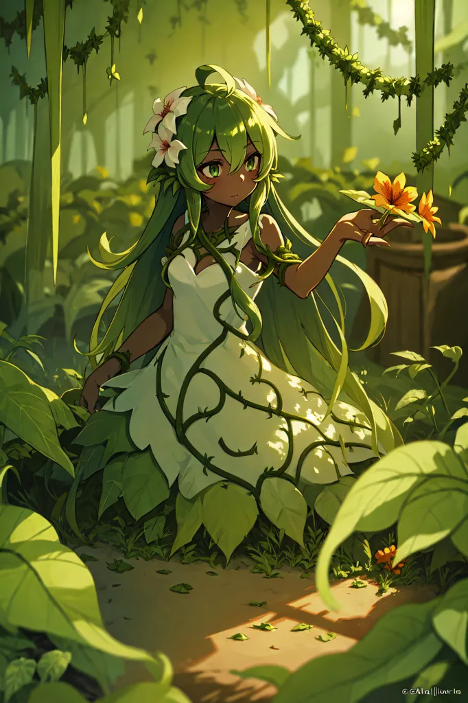 This image is an illustration of a green-haired anime girl in a white dress with green leaf and vine-like patterns. She is standing in a lush green forest, surrounded by various plants and flowers. The girl has a gentle expression on her face, and she is looking at a small yellow flower in her hand. She is wearing a white dress with a green sash, and her hair is long and flowing. The girl is barefoot, and her feet are resting on the soft grass. The background of the image is a blur of green leaves and vines.