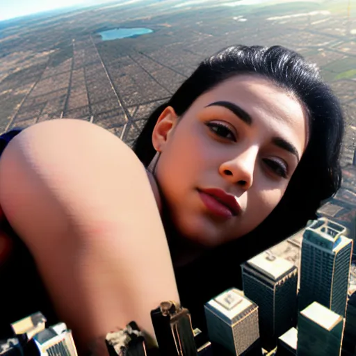 The image shows a giantess lying on her side. She is looking down at the city below her. The city is made up of tall buildings and skyscrapers. The giantess is wearing a blue dress. Her hair is long and black. Her skin is tan. She has a beautiful face with full lips and a small nose. The giantess is smiling. She seems to be enjoying the view of the city.