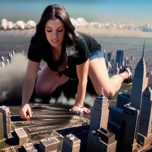 The image shows a giantess kneeling on the ground. She is wearing a black shirt and blue jean shorts. Her hands are on the ground, and she is looking at the city in front of her. The city is in ruins, and there are large clouds of smoke in the air. The giantess is looking at the city with a sad expression on her face.
