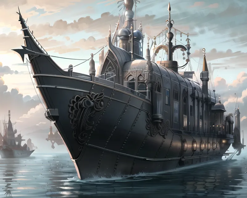 The image shows a large steampunk ship. It is black and made of metal. The ship has three decks and is decorated with intricate carvings. There are several large sails on the ship, as well as a number of smaller sails. The ship is also equipped with several cannons. There are a number of people on the deck of the ship, including sailors and passengers. The ship is sailing on a rough sea, and there are large waves crashing against the hull. In the background, there are a number of other ships, as well as a large city.