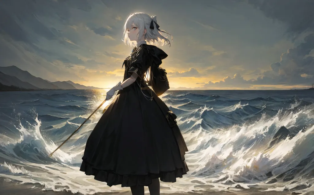 The image is a painting of a girl standing on a beach. The girl is wearing a black dress with a white collar. She has long white hair and blue eyes. She is holding a sword in her right hand. The sea is rough and the waves are crashing against the shore. The sky is dark and cloudy.