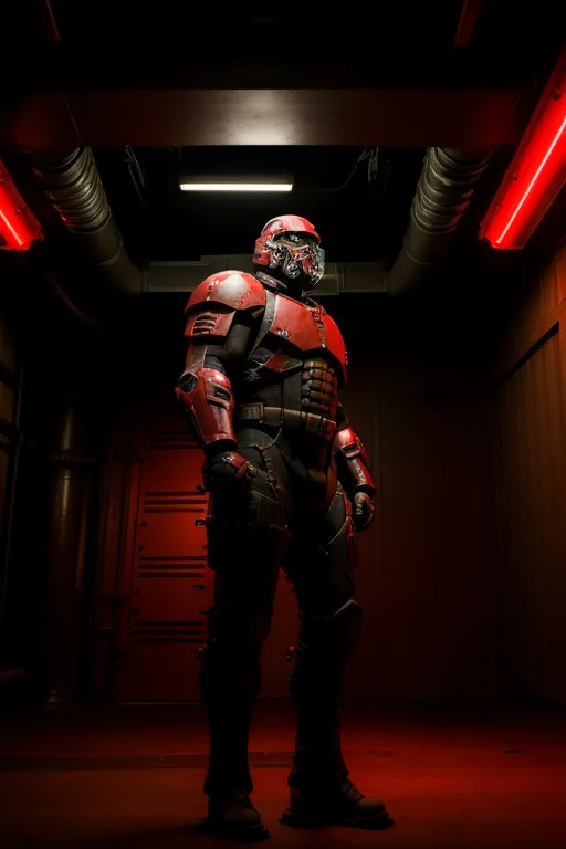 The image shows a man wearing a red and black armored suit. The suit has a helmet with a visor, and there are red lights on the shoulders. The man is standing in a dark room with red lights on the walls. There are pipes and other industrial equipment in the background.