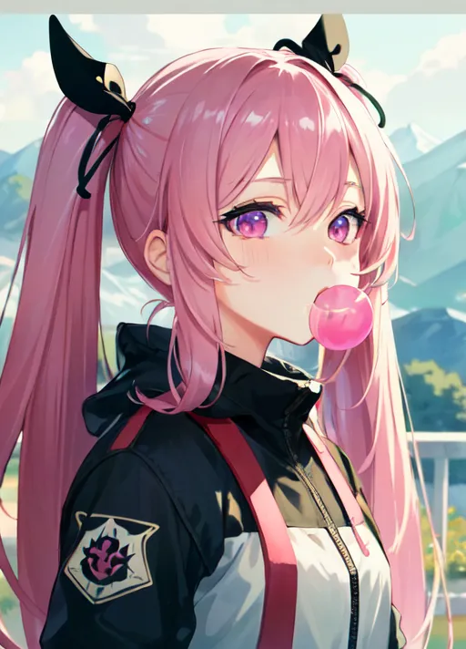 The image is of an anime girl with pink hair and purple eyes. She is wearing a black jacket with a pink and white striped collar. She has a pink bubblegum in her mouth and is looking at the viewer with a slightly smug expression. She has black horns on her head and there is a mountainous landscape in the background.