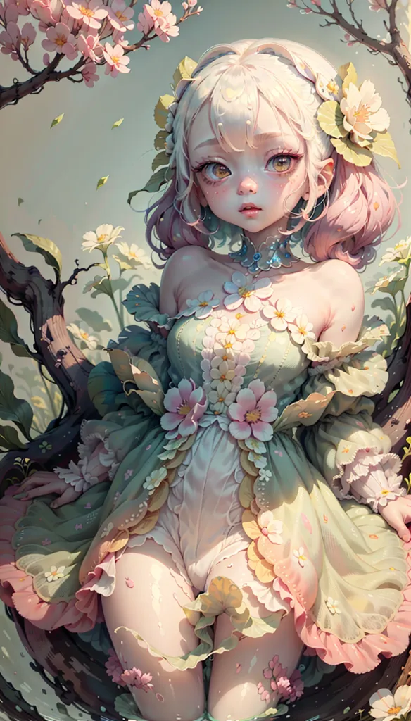 The image is a digital painting of a young girl with long, flowing hair and pink and white highlights. She is wearing a green and white dress with flowers of various colors adorning the dress. The girl is standing in a forest, and there are several cherry blossoms and green leaves around her. The background is a pale green. The girl's eyes are yellow, and she has a small, red gem necklace around her neck. Her cheeks are slightly flushed, and she has a gentle smile on her face.