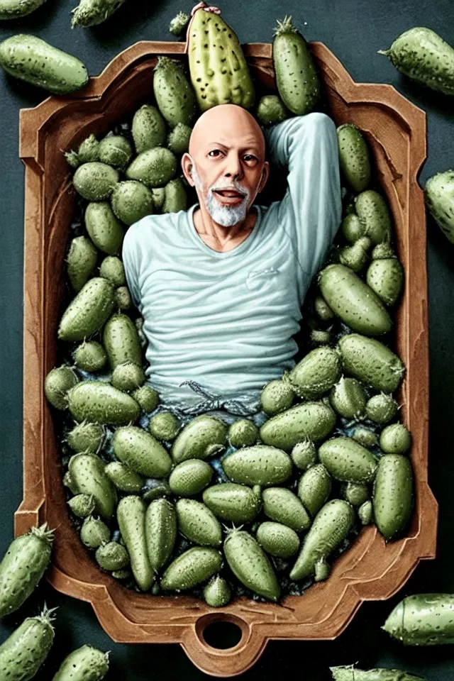 The image depicts a bald elderly man lying in a wooden bathtub filled with pickles. He is wearing a white shirt and has a content expression on his face. The man is holding a pickle above his head with his right hand. The bathtub is made of wood and has a metal faucet on the side. The background is a dark green color.