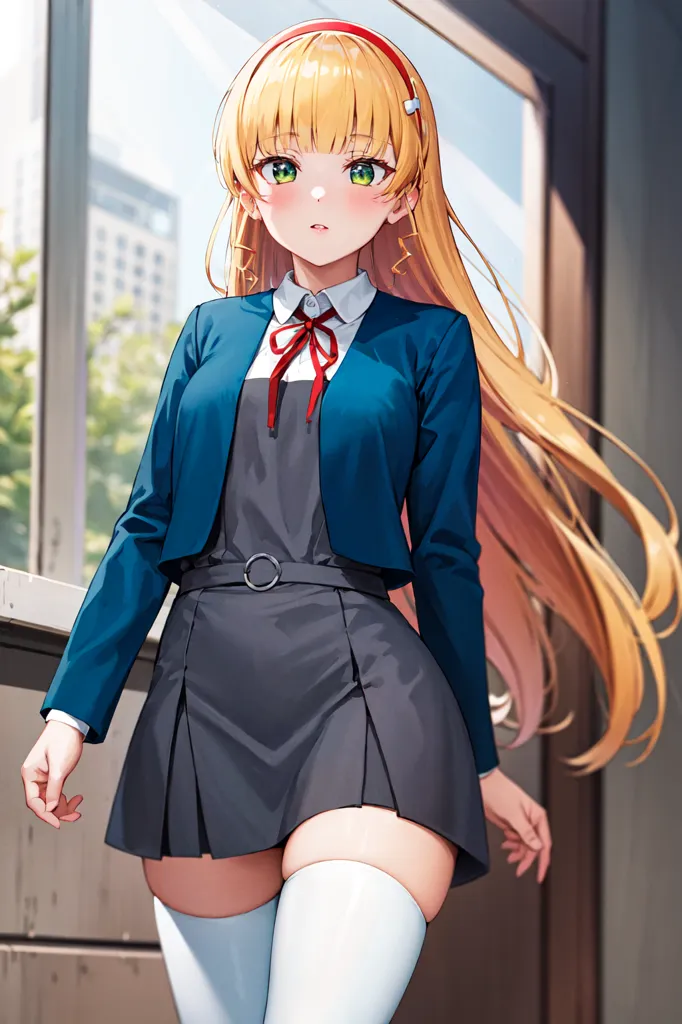 The image shows a young woman with long blonde hair and green eyes. She is wearing a blue blazer, a white blouse, a gray skirt, and white thigh-high socks. She is also wearing a red bow tie and a yellow headband. She is standing in front of a window, and there is a building in the background.