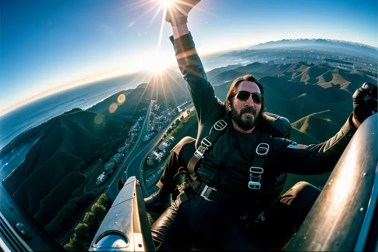 The image shows actor Keanu Reeves skydiving. He is wearing a black leather jacket and black sunglasses. He has his right arm raised in the air. The sun is shining brightly in the background. There is a mountainous landscape below him.