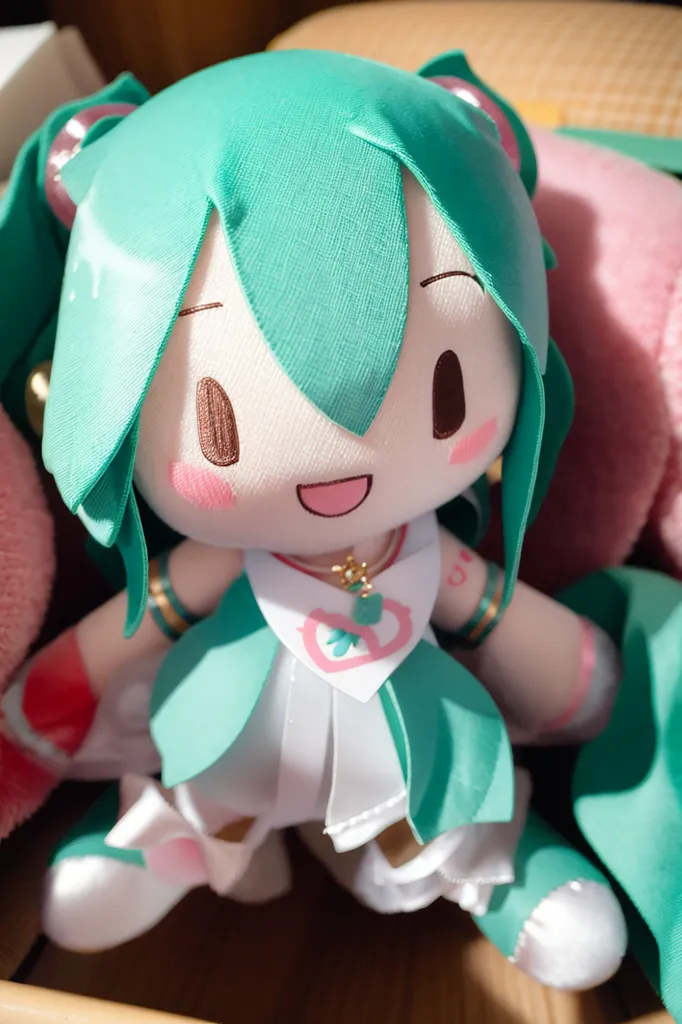 L'image montre une poupée en peluche du personnage Vocaloid Hatsune Miku. Elle a de longs cheveux verts, des yeux verts et des rougeurs roses sur les joues. Elle porte une robe blanche et verte avec un nœud rose sur la poitrine. Elle porte également des bottes blanches et a un chapeau vert et blanc sur la tête. Elle est assise dans une boîte avec un fond rose.