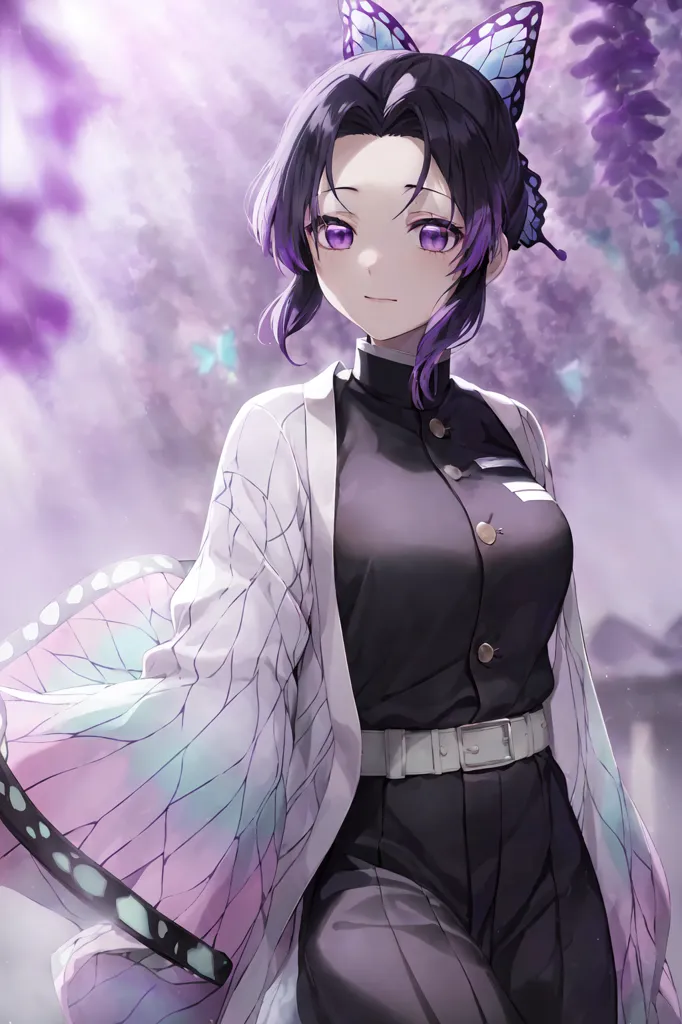 The image is of a young woman with purple hair and purple eyes. She is wearing a black and white kimono with a butterfly pattern. There are also butterflies in her hair and on her kimono. The background is a light purple color with a cherry blossom tree.