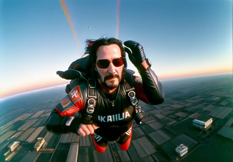 The image shows a man skydiving. He is wearing a red and black jumpsuit and a black helmet. He has his arms outstretched and is looking at the camera. The background is a clear blue sky with a few clouds.