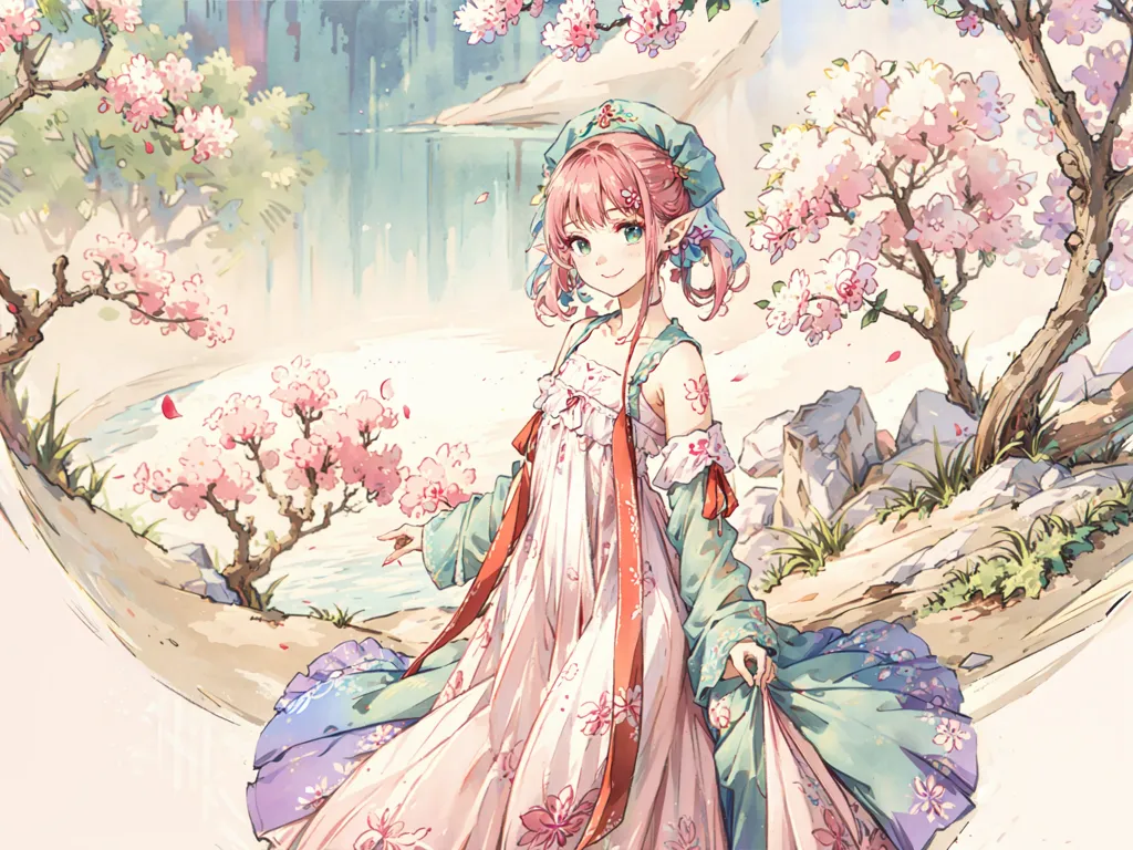 The image is a painting of a beautiful anime girl with pink hair and green eyes. She is wearing a white dress with pink and blue flowers. She is standing in a forest of cherry blossom trees. The trees are in bloom and the petals are falling. The girl is smiling and looks happy. She is holding the edge of her dress and looks as if she is twirling. The background is a blur of green and blue.