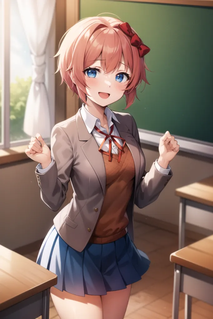 The image shows a young woman, who appears to be a school girl, standing in a classroom. She has short pink hair, blue eyes, and is wearing a pink bow in her hair. She is wearing a brown blazer, a white blouse, and a blue skirt. She has a cheerful expression on her face and appears to be excited or enthusiastic about something. She is standing with her arms in the air, her hands making a V-shape. The background of the image is a chalkboard, which is mostly empty aside from a few scribbles in the top right corner. There are several empty desks in the classroom.