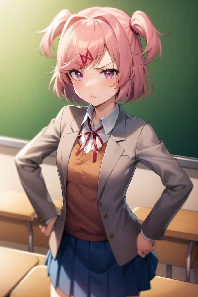 The image shows a young woman with pink hair and purple eyes. She is wearing a school uniform consisting of a gray blazer, white shirt, brown sweater vest, and blue skirt. She has her hands on her hips and is looking at the viewer with an angry expression on her face. She has pink hair tied in twintails and a red hairclip. There is a chalkboard behind her and several empty desks in front of her.