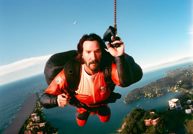 This is a picture of Keanu Reeves skydiving. He is wearing a red and black jumpsuit and a black helmet. He is holding the parachute cord with his right hand and has his left hand near his face. He is surrounded by clouds and there is a small plane in the distance.